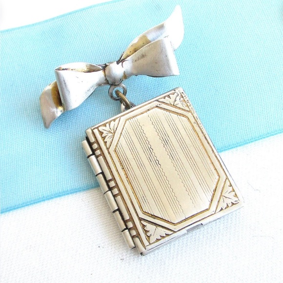 Vintage Jewelry - Sterling Silver Dangling Book Locket & Bow Pendant Brooch - 1 3/8" Tall